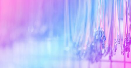 Bundle of crimped cables with electrical connectors. Terminated wire ready to creation connection. Abstract colorful industrial background with copy space for text, soft color effect, banner formatの写真素材
