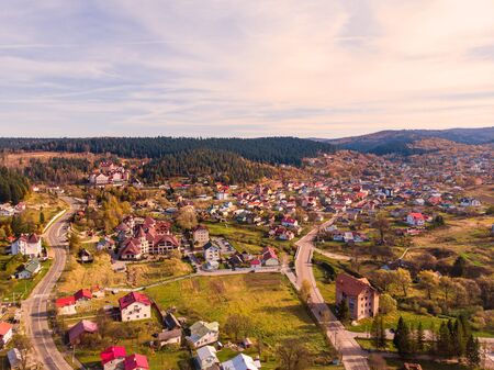 Aerial drone view of Skhidnytsia popular healing spa resort in Carpathians, Ukraine. Balneological resort with mineral springs.の写真素材