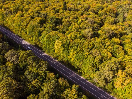 Cars moving on road between colorful autumn forests. Aerial drone view. Theme of travel and car rental.の写真素材