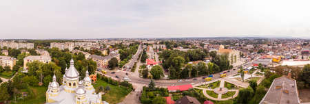 Drohobych, Ukraine - September 07, 2019: Aerial drone view 180 degrees landscape of Drohobych town. Cityscape of older European town.のeditorial素材