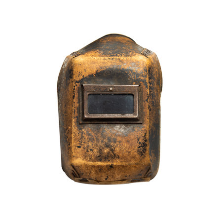 Aged thirty years old welding mask with traces of wear, front view. Isolated on white background...