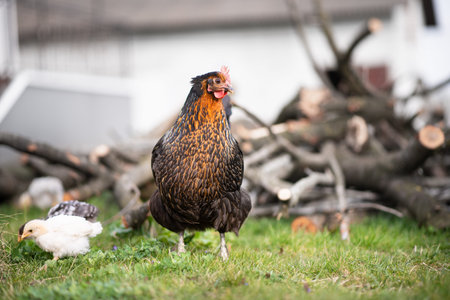 Broody hen with her few weeks old chicks in green yard. Life of domestic chickens in coop.