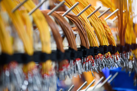 Bundle of crimped cables with electrical connectors. Terminated wire ready for connection....