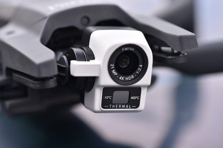 10 April 2022 - Krakow, Poland: Camera of Drone Parrot ANAFI Thermal, close-up view.