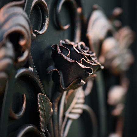 Wrought iron rose flower as decoration element, close up view. Manufacturing forged elements and...