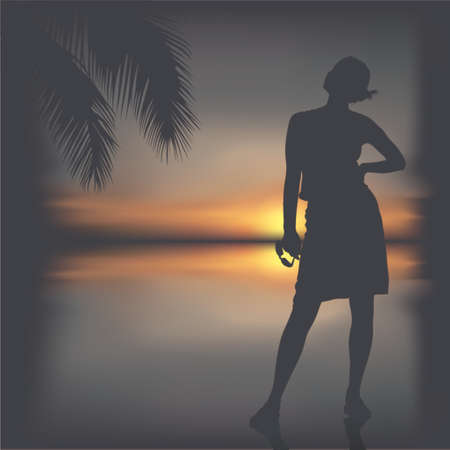Girl and tropical sunset - detailed and coloured illustrationのイラスト素材