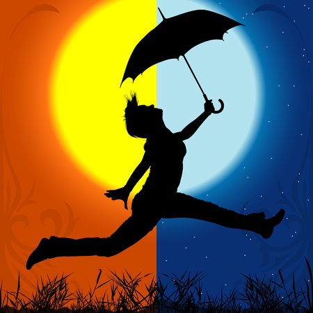 Girl with Umbrella - Day and Night - detailed silhouette as illustration, vectorのイラスト素材
