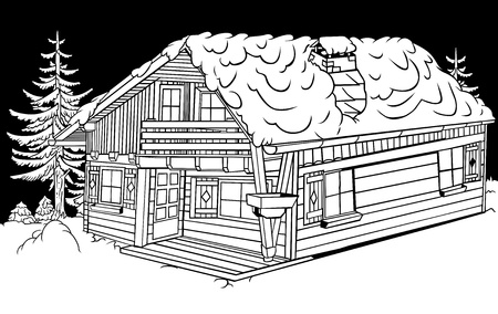 Snow Cabin - Black and White Cartoon Illustration, のイラスト素材