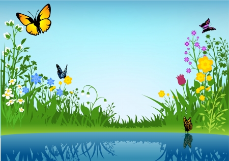 Small Lake and Butterfliesのイラスト素材