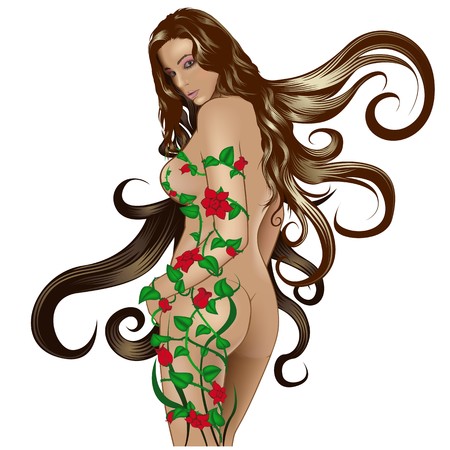 Nude Woman With Roses - Colored Illustration, Vectorのイラスト素材