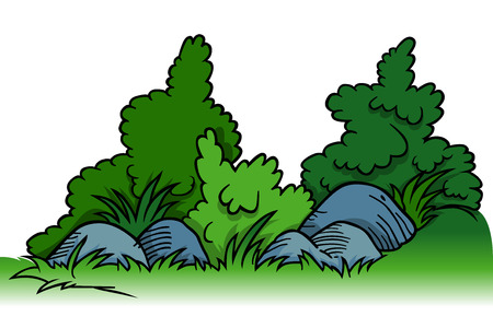 Shrubs with Rocks - Cartoon Background Element, Vector Illustrationのイラスト素材