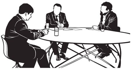 TV Discussion - Newsman and Guests - Black and White Illustration, Vectorのイラスト素材
