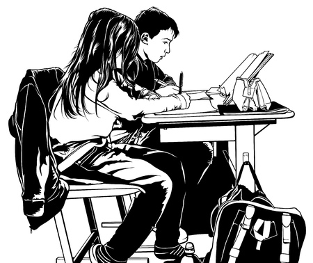 School Kids with Pens and Notebooks in Classroom - Illustration, Vectorのイラスト素材