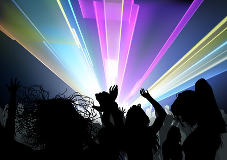 Dancing Crowd and Disco Light Show - Dance Party Background Illustration, Vectorのイラスト素材