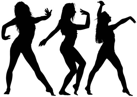 Silhouetted Dancing Young Woman in Various Poses - Set of Black Illustrations, Vectorのイラスト素材