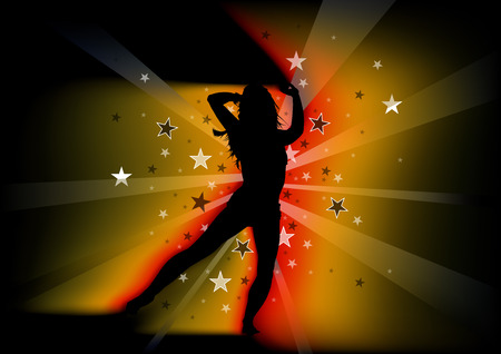 Silhouetted Dancing Young Woman and Light Beams with Stars - Abstract Background Illustration, Vectorのイラスト素材