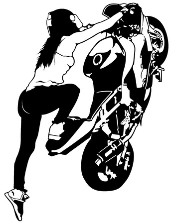 Motorbike Girl On The Rear Wheel - Black and White Illustration, Vectorのイラスト素材