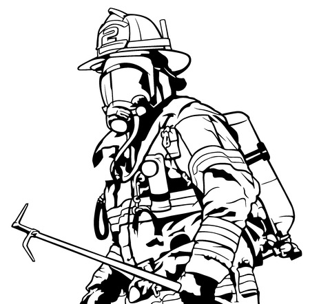 Fireman with Mask Holding Roof Hook in Hand - Black and White Illustration, Vector.のイラスト素材