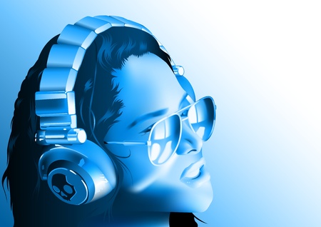 Dj Woman Wearing Headphones And Sunglasses In Blue Tones - Background Illustration, Vectorのイラスト素材