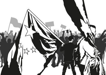 Demonstration - the Crowd Holds Up Placards and Flags, Vector illustrationのイラスト素材