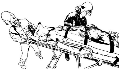 Rescuers and Saved Man on Stretcher - Black and White Illustration, Vectorのイラスト素材