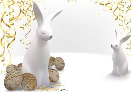 Easter Greeting Card with Golden Easter Eggs and White Bunnies and Golden Confetti - Background Illustration, Vectorのイラスト素材