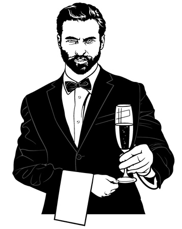 Waiter with Champagne Glass - Black and White Sketch Illustration, Vectorのイラスト素材
