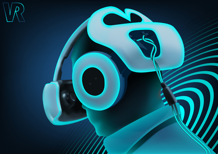 Virtual Reality Background with Man Wearing Headset Technology in Neon Tones - Illustration, Vectorのイラスト素材