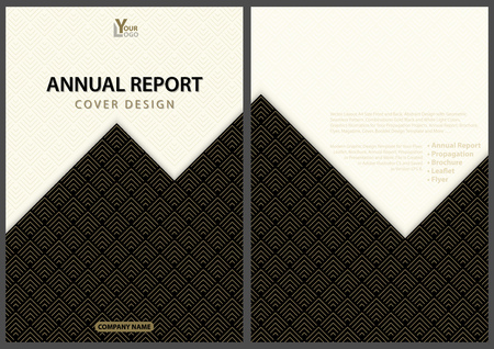 Annual Report Cover Design with Gold Geometric Pattern on Black Background in Down Part. Top Part Contain Gold Pattern on White Background - Vectorのイラスト素材