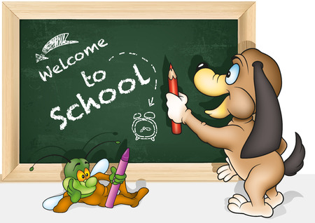 Concept Welcome to School with a Cartoon Dog in Front of the Chalkboard - Background Illustration for Your Commercial Use, Vectorのイラスト素材