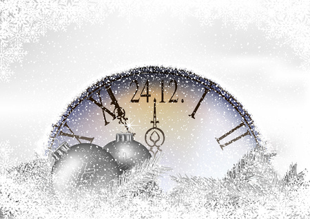 Christmas Time Background with Snowy Clock and Silver Christmas Branches with Silver Baubles - Festive Illustration, Vectorのイラスト素材