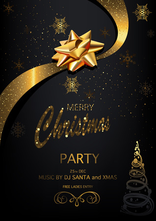 Christmas Party Invitation on Black Background with Golden Glittering Inscription, Golden Bow and Ribbon and Snowflakes - Vector Illustrationのイラスト素材