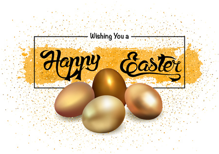 Happy Easter Greeting with Golden Eggs and Grunge Banner on White Background with Golden Glitters - Illustration, Vectorのイラスト素材
