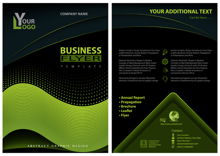 Flyer Template with Neon Green Graphic Elements on Black Background - Modern Abstract Concept for Your Project, Vectorのイラスト素材