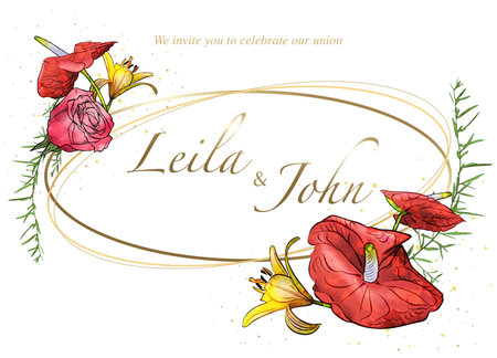 Floral Wedding Invitation Card with Watercolor Flowers and Leafs and Golden Decoration - Colored Illustration, Vector Graphicのイラスト素材