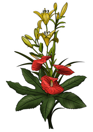 Bouquet of Flowers - Hand-drawn Colorful Greeting Card Illustration, Vector Graphicのイラスト素材