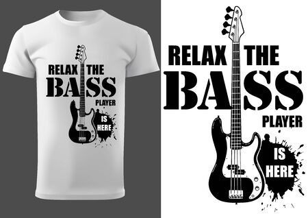 T-shirt with Musical Slogan and Bass Guitar - Modern Black and White Illustration for All Music Enthusiasts, Vector Graphicのイラスト素材
