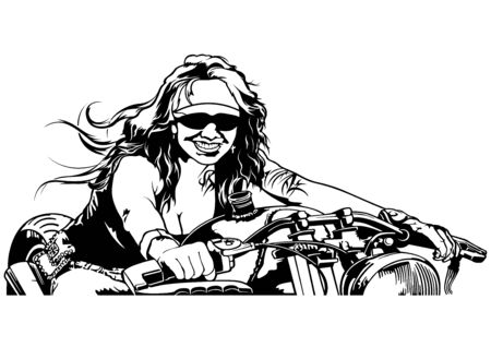 Woman Motorcyclist - Black and White Outline Illustration with Female Rider on Motorcycle, Vectorのイラスト素材