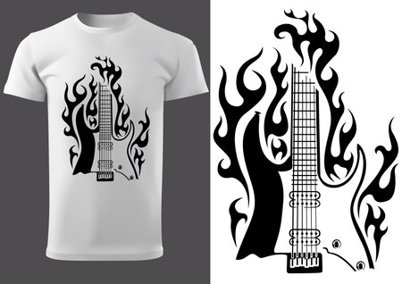 T-shirt with Black and White Motif of Burning Electric Guitar - Design Illustration for Rock Fans, Vector Graphicのイラスト素材