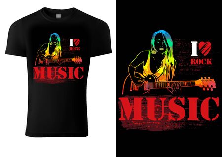 T-shirt Design with Guitarist Girl on Black Background - Graphic Illustration with Musical Theme, Vectorのイラスト素材