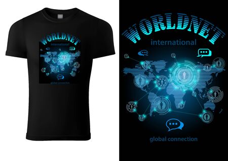 Black T-shirt Design with Blue Neon Internet Motif - Glowing World Connection Illustration, Vectorのイラスト素材