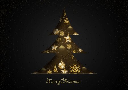 Abstract Christmas Tree Cut Out of Paper on Black Background with Golden Xmas Decoration - Modern Festive Greeting Card Illustration, Vectorのイラスト素材