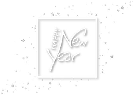 Happy New Year Lettering Calligraphy Text on White Background with Silver Stars and Balls and White Frame - Abstract Greeting Card Illustration, Vectorのイラスト素材