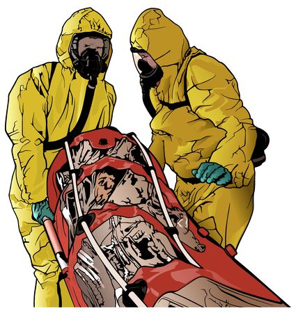Medical Workers in Protective Suits with Stretcher Transporting a Patient with an Infectious Disease - Colored Illustration, Vectorのイラスト素材