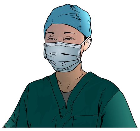 Healthcare Worker Wearing Medical Face Mask - Colored Illustration, Vectorのイラスト素材