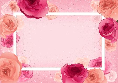 Floral Greeting Card Happy Mother's Day or Happy Birthday with Roses on Pastel Pink Background with Glitter Effect - Colored Illustration, Vectorのイラスト素材