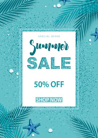 Turquoise Summer Sale Background with Decorative Palm Leafs and Sea Sand and Starfish and Sea Shells - Vector Illustrationのイラスト素材