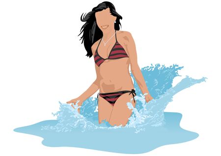 Woman in Swimsuit with Splashes of Water - Summer Holiday Illustration for Your Graphic Design with Detailed Water Splash Effect, Vectorのイラスト素材
