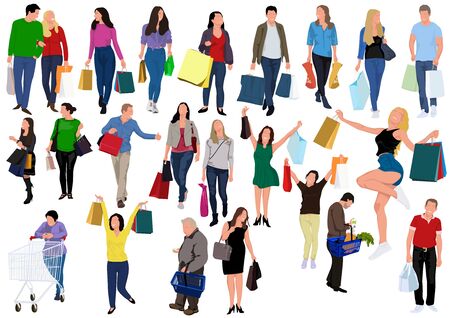 Collection of People Carrying Shopping Bags with Purchases - Colorful Set for Your Graphic Projects, Vector Illustrationのイラスト素材