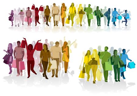 Colorful Crowd of Shopping People Carrying Shopping Bags with Purchases - Colored Set for Your Graphic Projects, Vector Illustrationのイラスト素材